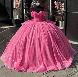 Hot Pink Shinning Off Shoulder Quinceanera Dress Ball Gown 2024 Crystal Princess Corset Sweet 16 Dresses Wedding Gown Customized