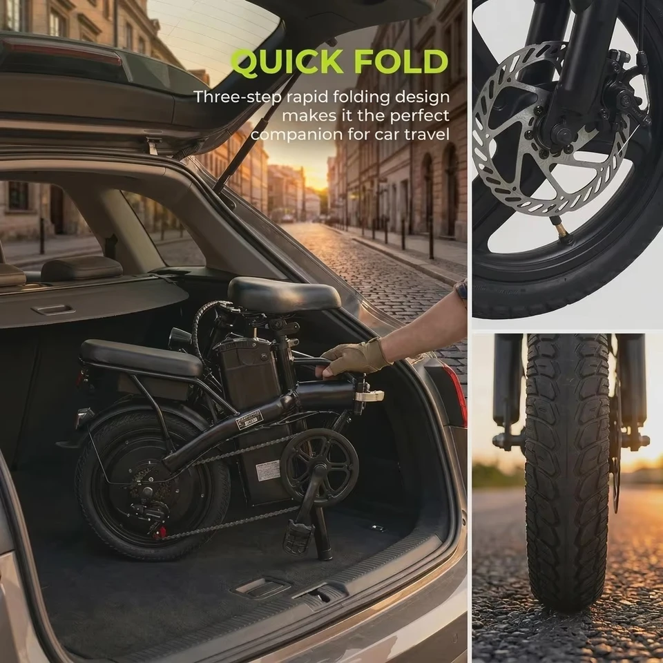 14 Inch Folding Electric Bike 500W Peak Brushless Motor Removable Lithium Battery Dual Disc Brake Portable Foldable Ebike Adult City Commuter E Bicycle image 6