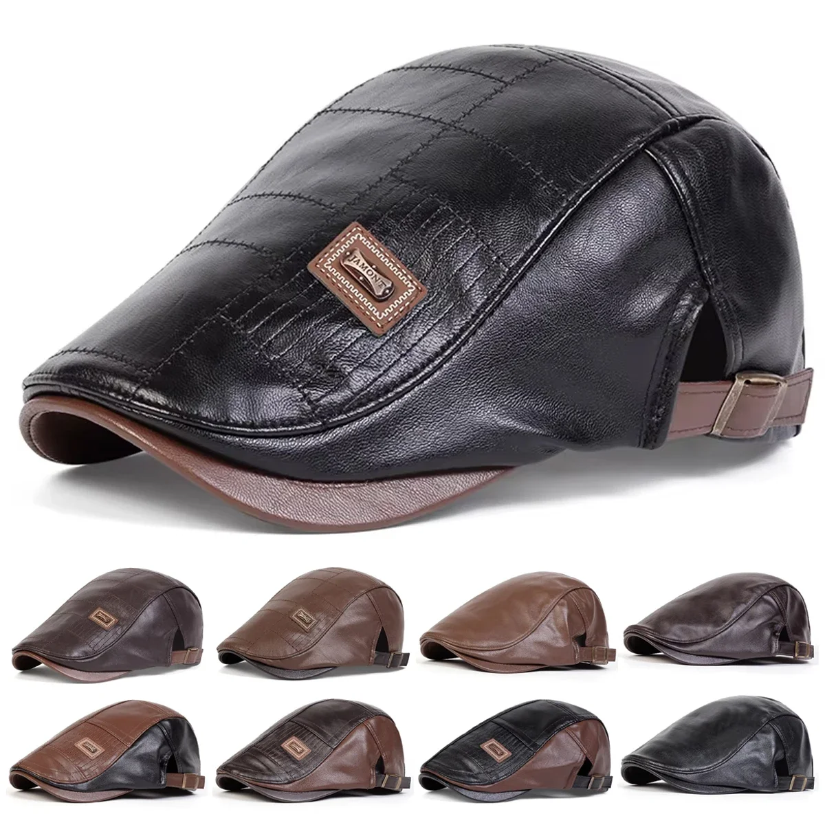 Herren Retro PU-Leder Newsboy Caps mit JAMONT-Labeling, Britische Malerhüte, Frühling Herbst Seitlich Verstellbare Flatcap, Hip-Hop-Baskenmützen
