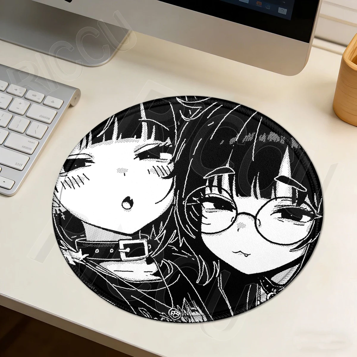 Anime Girl Non-Slip Mouse Pad Gaming Mousepad Keyboard Pad Laptop Computer Desk Pad Round Black White Extended Mouse Mat Carpet