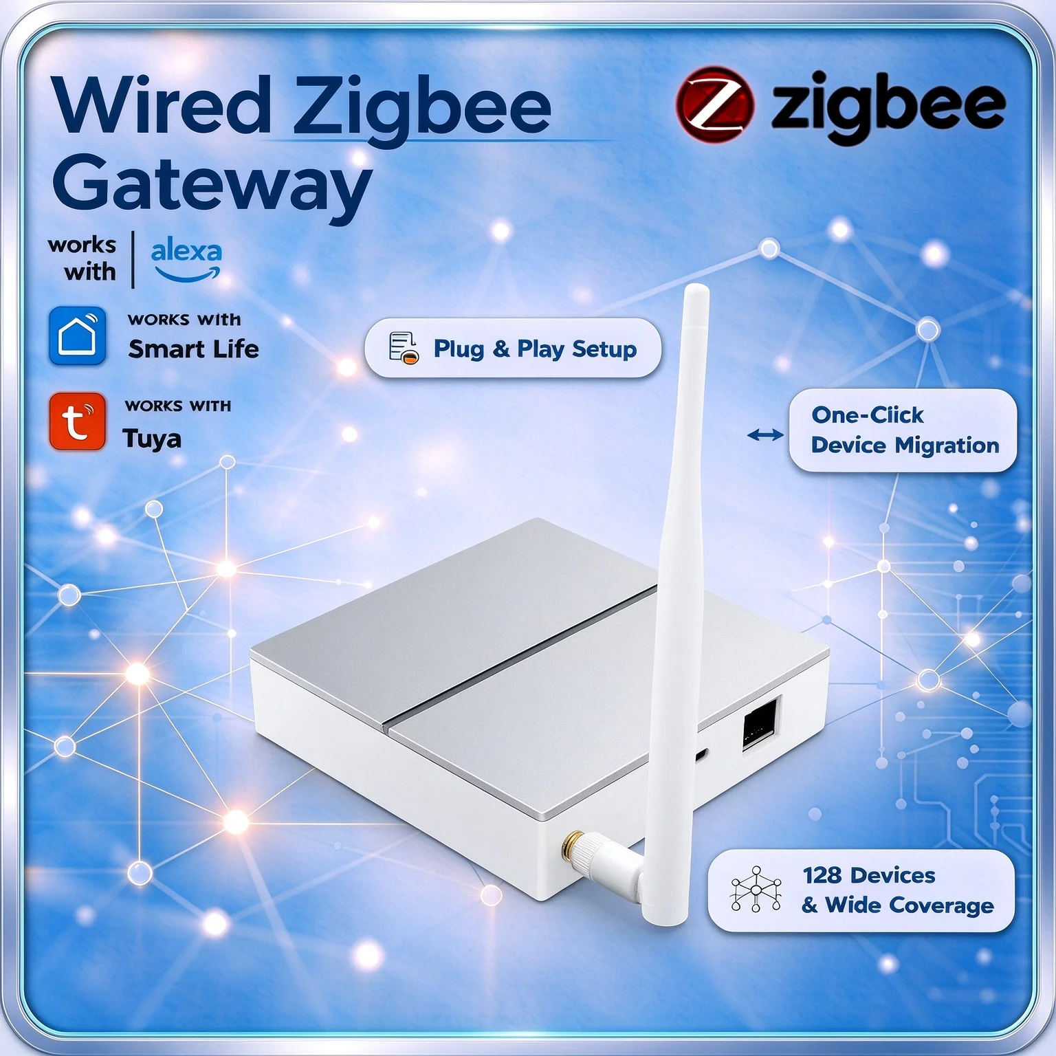 Tuya GW60 Gateway Zigbee 3.0 com Fio, Hub de Casa Inteligente Plug and Play, Migração com Um Clique, Controle por Voz, Alexa, Google Home, Smart Life