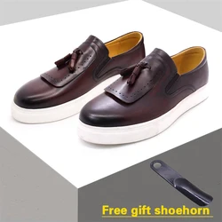 Leather casual shoes tassel high-end handmade men's shoes comfortable round toe flat shoes office banquet men's loafers