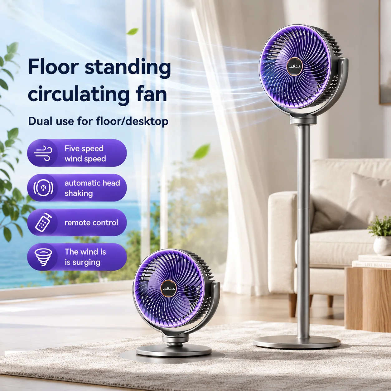 Ventilador Circulador de Ar Moderno 3 em 1, 5 Velocidades, 4 Alturas, Silencioso, Portátil, com Pedestal, USB-C para Casa, Quarto, Escritório, RV e Camping