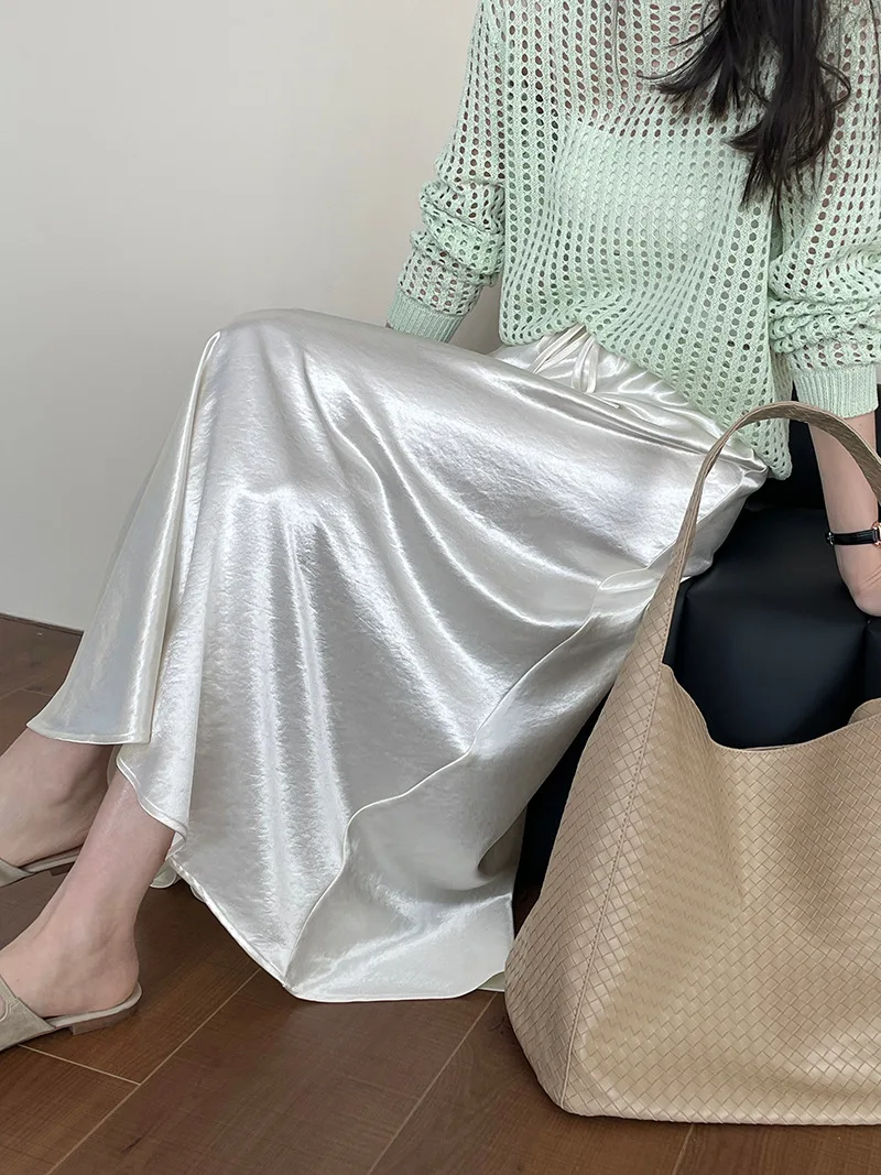 Women Summer Satin Long Skirt Boho Elegant Stretch Lace-Up Waist A-Line Skirt Saias High Waist Women Skirt Saia Longa Falda Jupe