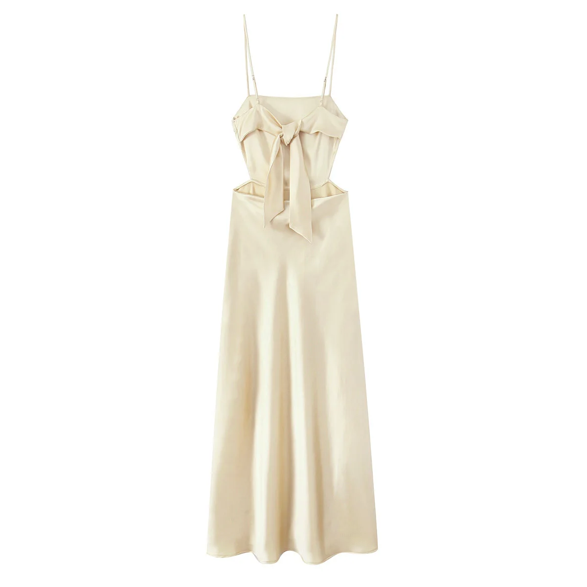 TRAFZA Women Beach Style Side Zipper Sleeveless Backless Lace-up Decoration Dresses Women Summer Solid Satin Texture Sling Dress