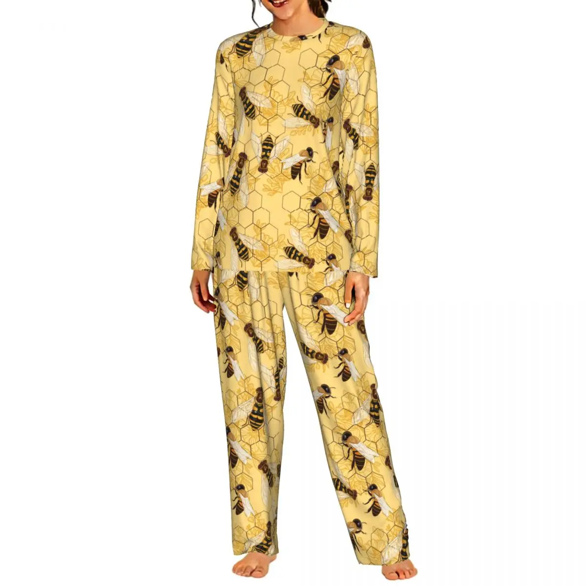 Cartoon Honey Bee Pattern Round Neck Long Sleeves Nightdress for Sleeping Sleepshirts Women Soft Pajama Set Long Pants