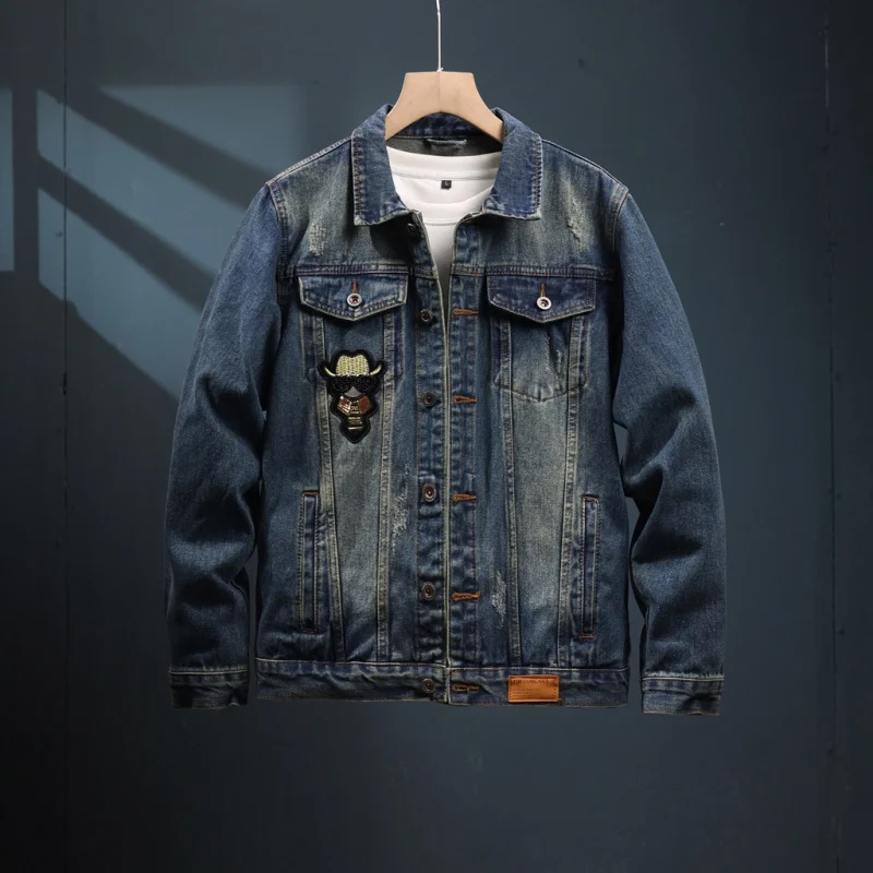 2024 New washed denim jacket men's street fashion embroidered casual handsome lapel retro nostalgic motorcycle clothes