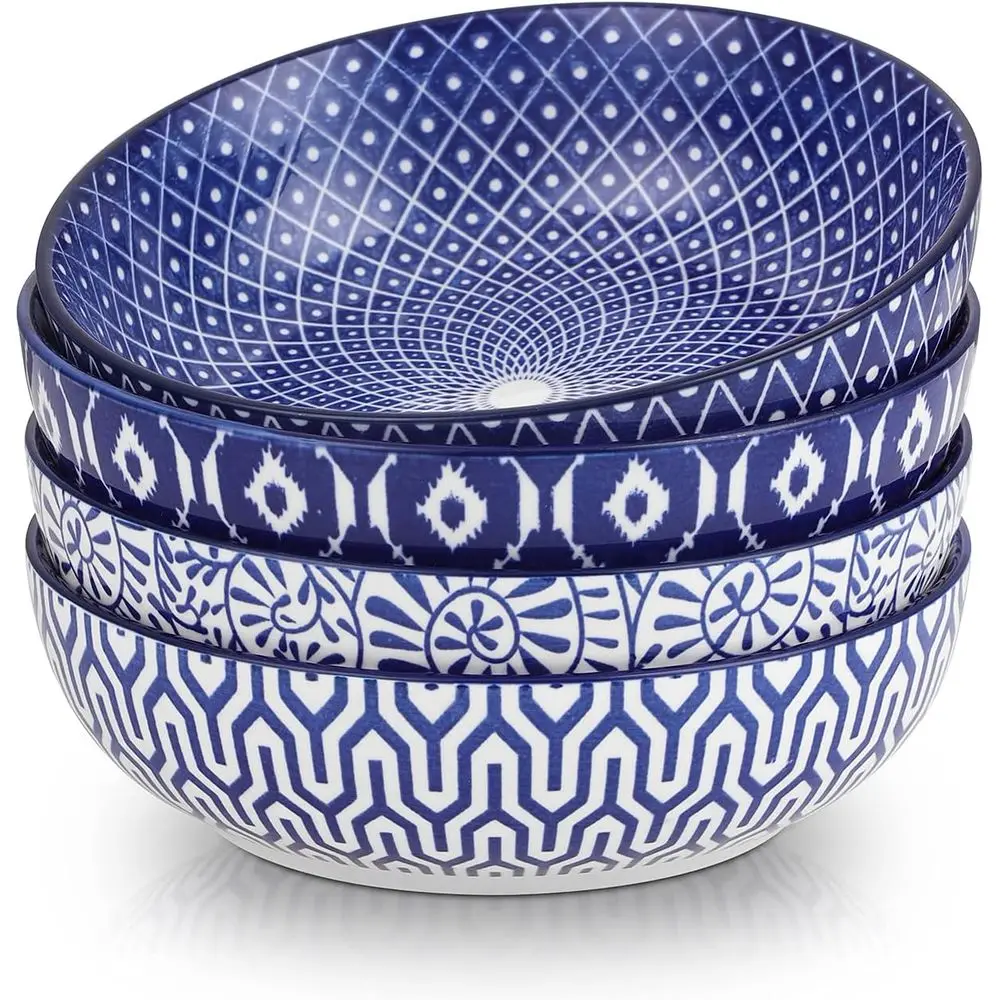 Juego de 4 Tazones para Pasta Vintage Azules de 8 Pulgadas de Ancho, Aptos para Microondas y Lavavajillas