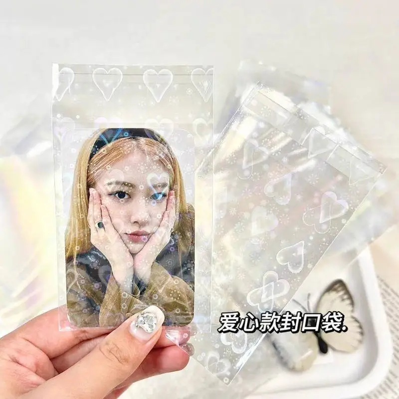 50Pcs Laser Flash OPP Plastic Bags Laser Love Holographic Photocards Protector Sleeves Transparent Card Film Packaging Bag