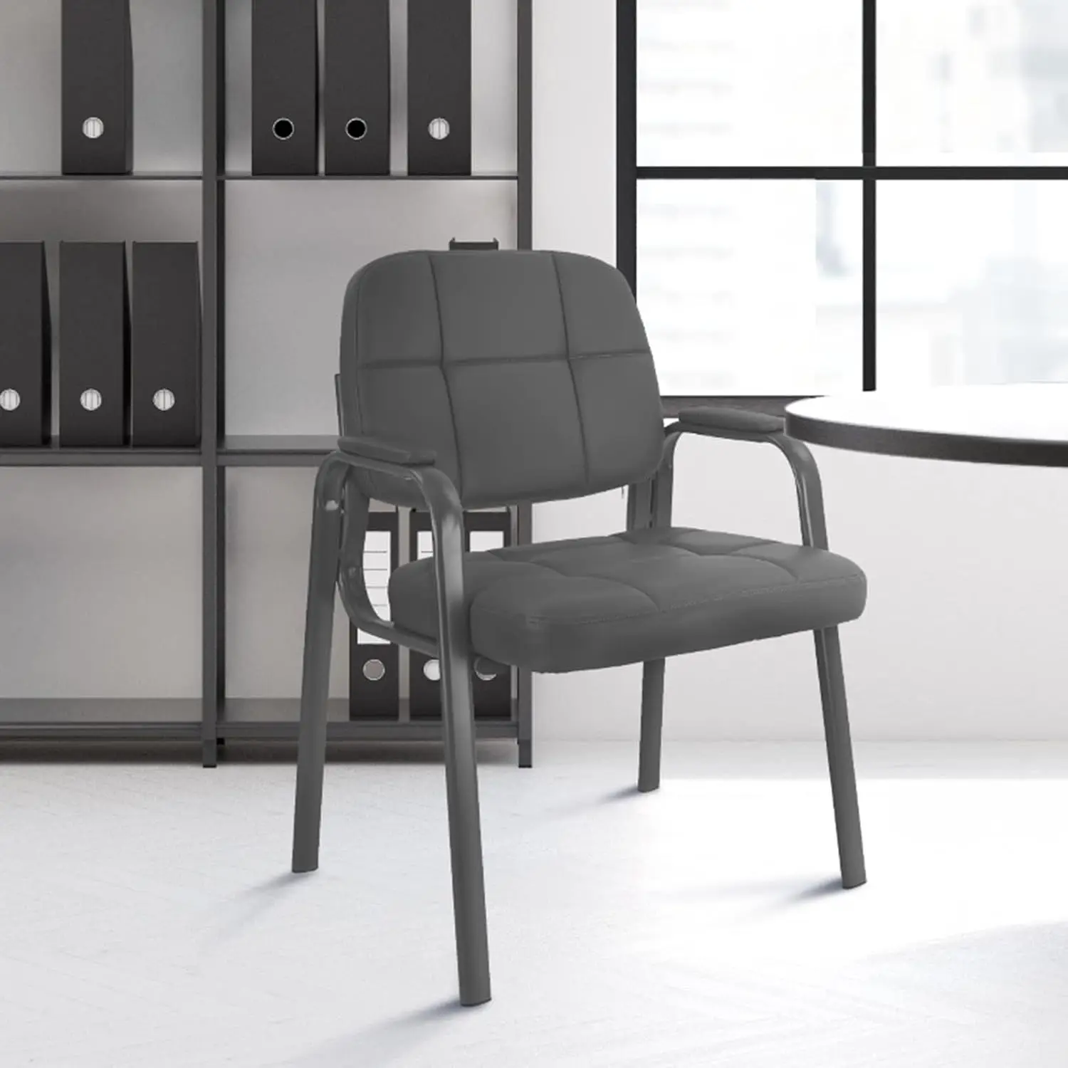 Gray Leather Waiting Room Guest Chair with Padded Arms, Wheel-Free Design for Office Reception and Conference Desk