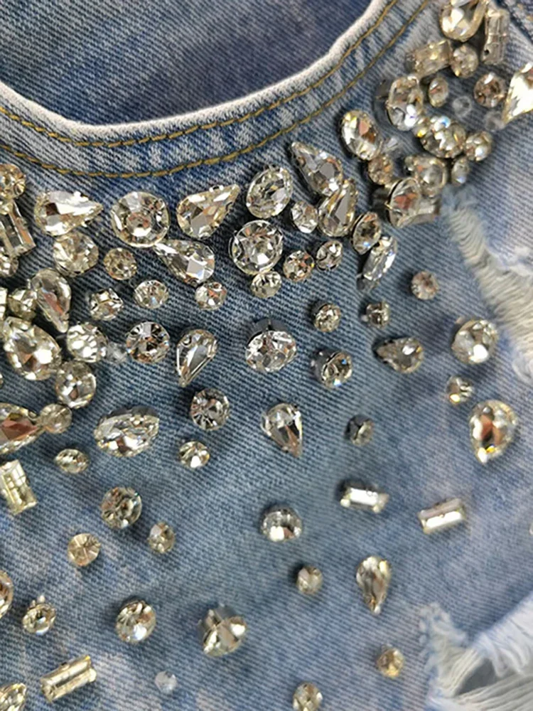 Vaqueros cortos para mujer, cintura alta, diamantes desgastados, borla, pierna ancha holgada, pantalones cortos vaqueros de lujo, moda Primavera 2025, faldas Y2k