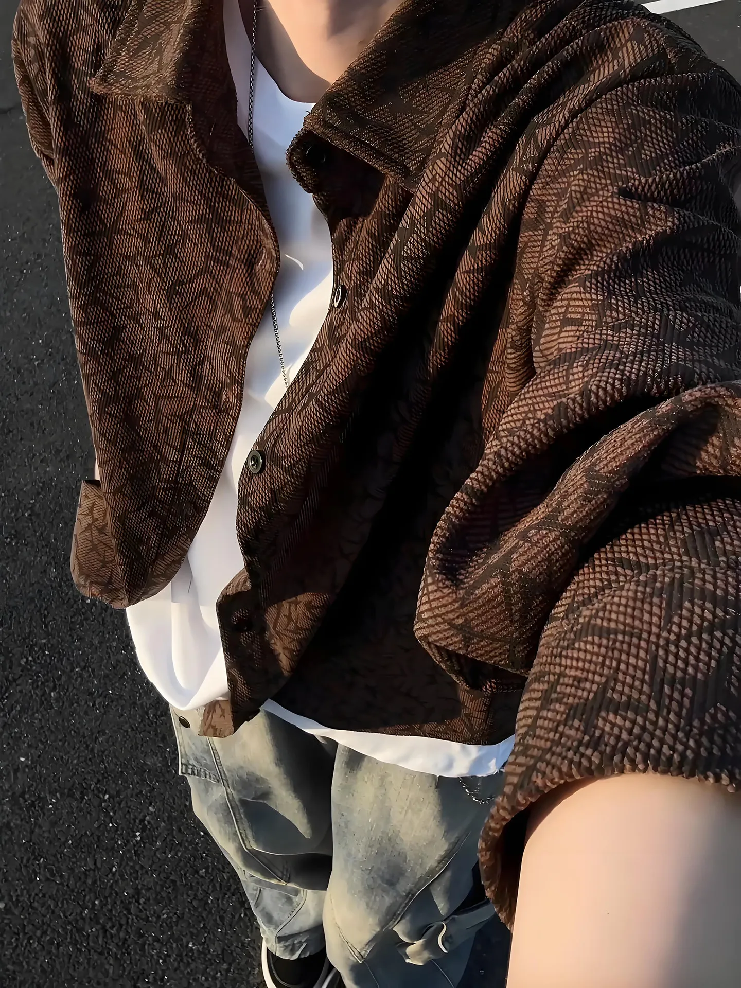 Retro American Coffee Shirt Men's Long Sleeve Collar Design Thorn Pattern Lazy Cardigan Coat Youth Popular Loose Fit Breathable