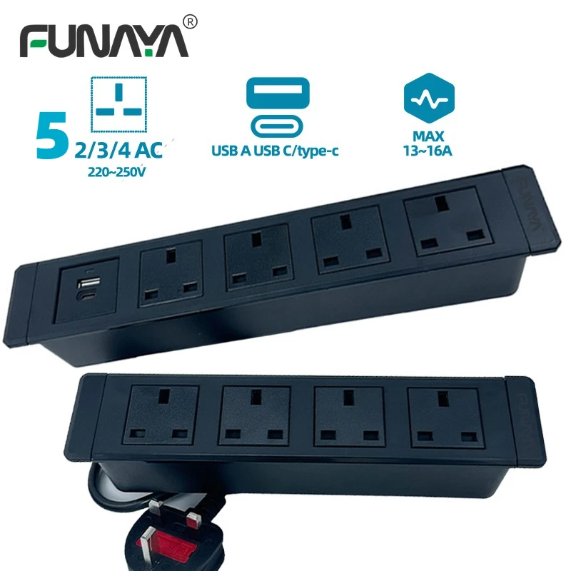 

FUNAYA Built-in Desktop Embedded Socket UK SG MY MK Plug 2 3 4 5 Outlets with USBA Type-c Hidden Sockets for Furniture Cabinet