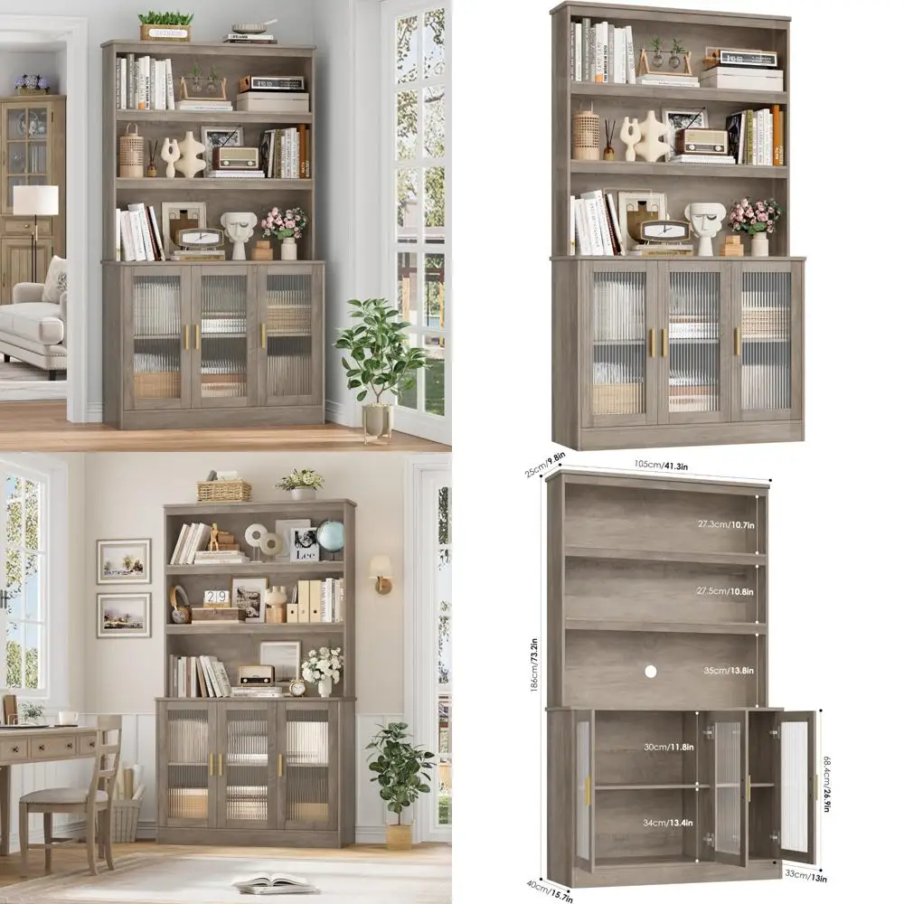 

73 Tall Kitchen Pantry Cabinet with Doors and Open Shelves, 5-Tier Bookcase Storage Solution