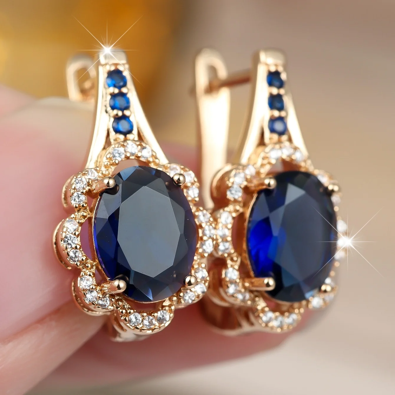 Elegant Female Big Oval Small Round White Blue Zircon Stone Hoop Earrings Trendy Fashion Gold Color Wedding Jewelry For Women