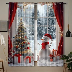 2-Pc Polyester Christmas Curtains with 3D Floral & Ball Digital Print - Rod Pocket Window Drapes for Living Room & Bedroom