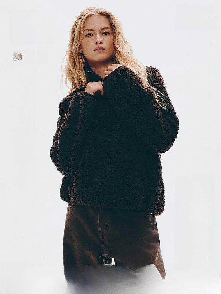 Sudadera con Capucha de Manga Larga para Mujer H&M, Estilo Teddy Fleece, Cuello con Cremallera, Moda de Verano, 100% Fibra de Poliéster, Ropa Urbana Moderna