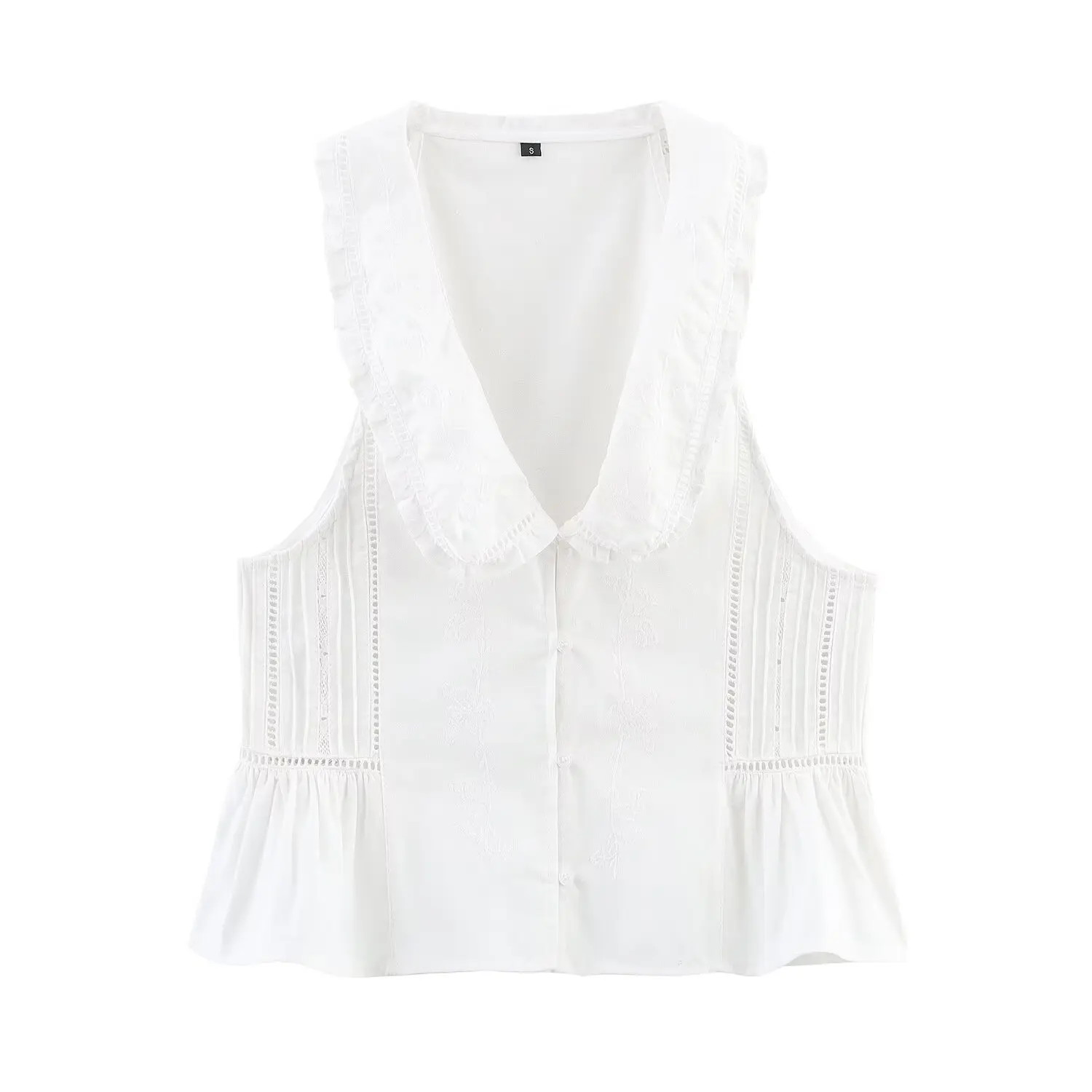 

ZBZA Embroidered Sleeveless Cropped Shirt Women V-neck Solid Color Loose Hem Pleated Fashion Blouse Summer New Female Chic Top