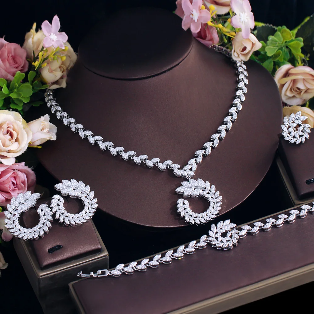 CWWZircons  Elegant Design Olive Leaf Pretty White Cubic Zirconia Jewelry Sets for Women Wedding Banquet Bridal Party Wear T741