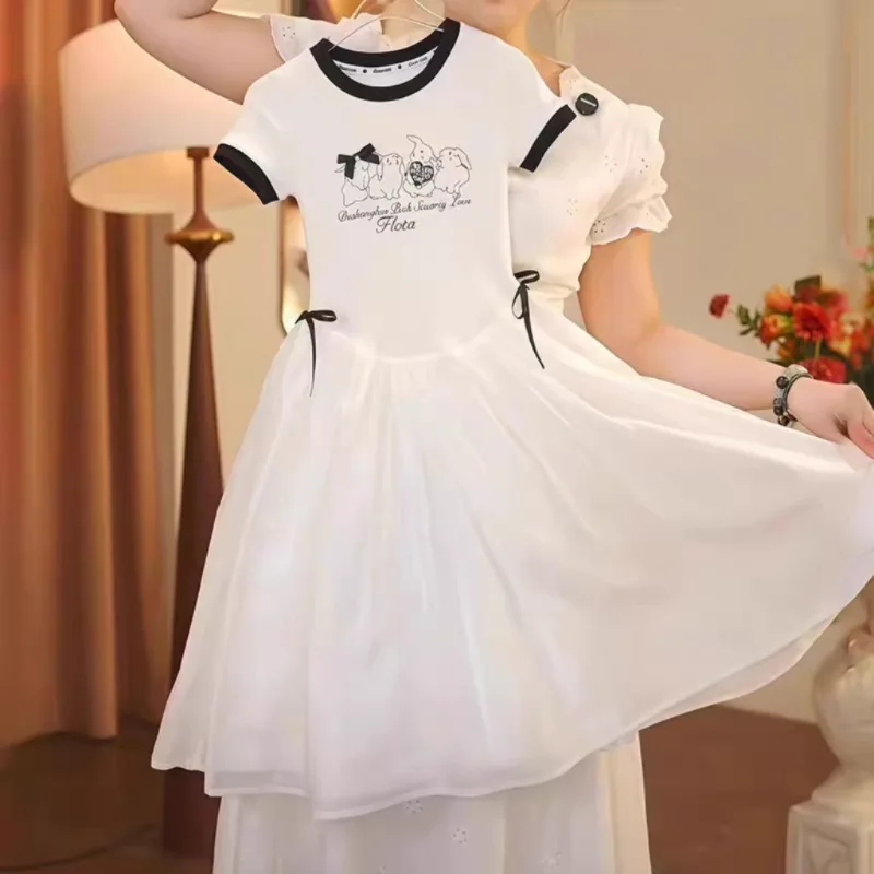

New summer style girls' fairy dress with cute bunny cartoon print and elegant short sleeves