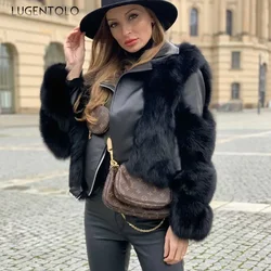 Abrigo corto y elegante de piel sintética para mujer, chaqueta de calle empalmada a la moda, color negro, otoño e invierno, 2023
