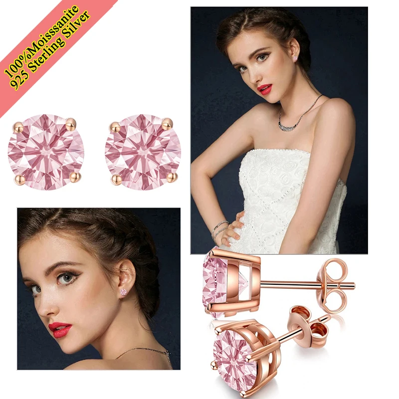 

Серьги из серебра 925 пробы с розовым золотом и муассанитом 6,5 мм, розовые идеальные серьги в подарок на свадьбу, день рождения для женщин