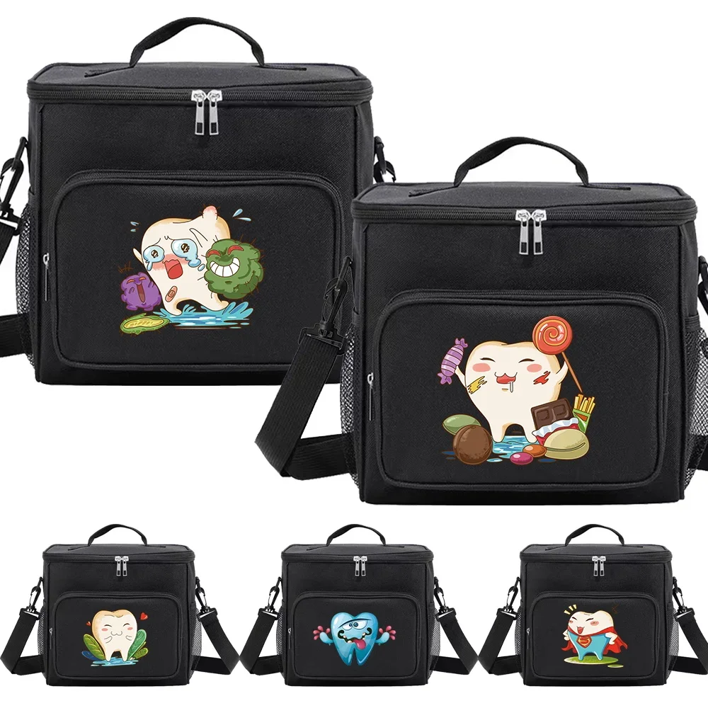 Thermal Front Pocket Lunch Bag for Kids Black Color Multifunctional Lunch Box Microwave Safe Dinner Box Original Teeth Printing