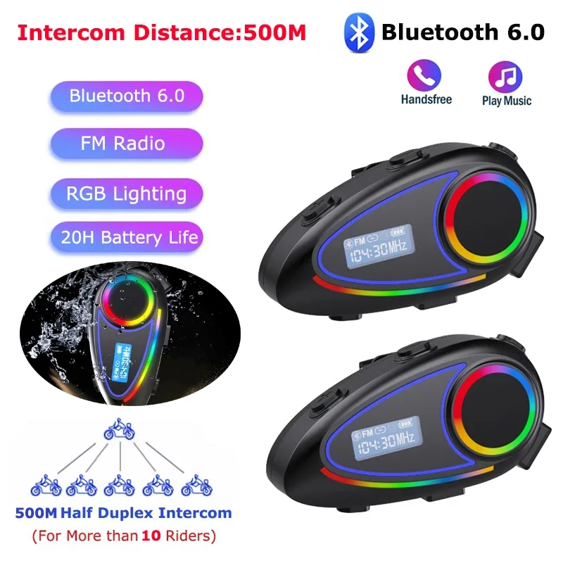 

500M Half Duplex Motorcycle Helmet Intercom Headset Waterproof FM Radio Music Share Interphone Bluetooth 6.0 RGB light Headphone