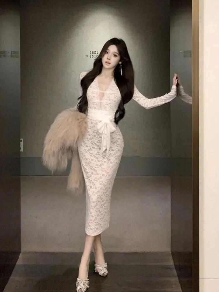 Dresses Women Elegant Sexy Lace Patchwork Long Sleeve Slim Vintage Fashion Temperament Party Dress Female Autumn 2025 New