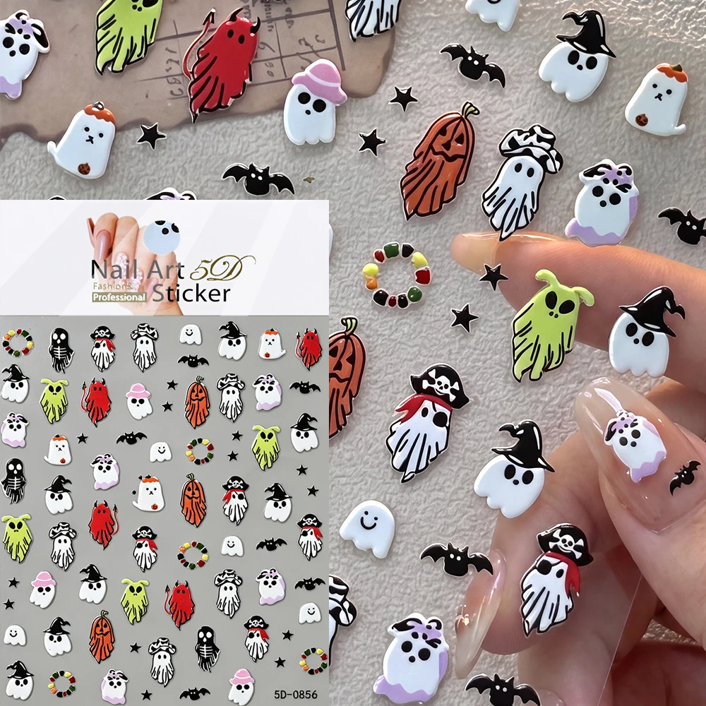 5D Halloween Cartoon Ghost Bat Skull Nail Sticker Colorful Ghost Pirate Devil Pumpkin Decal Adhesive Halloween Cute Ghost Slider