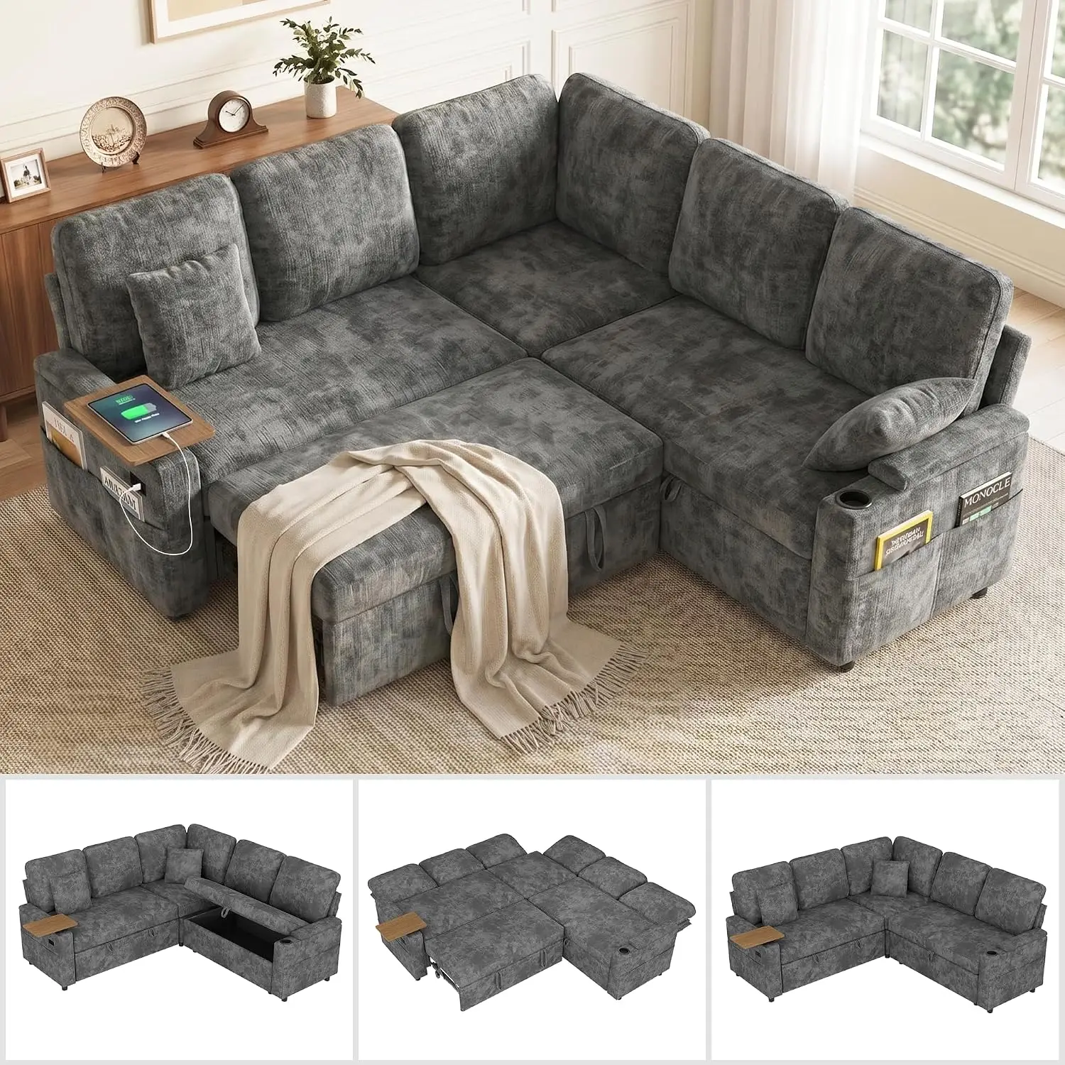 81'' Modular Sectional Sofa Bed, 5-Seat L Shaped Sleeper with Adjustable Backrest & USB & Side Table, Chenille Grey Living Room