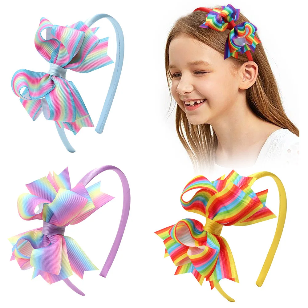 

Girl's Bow Hair Headband Classic Print Rainbow Stripes Sweet Headbands Grosgrain Ribbon Hair Bows Band for Toddler Teens Kids