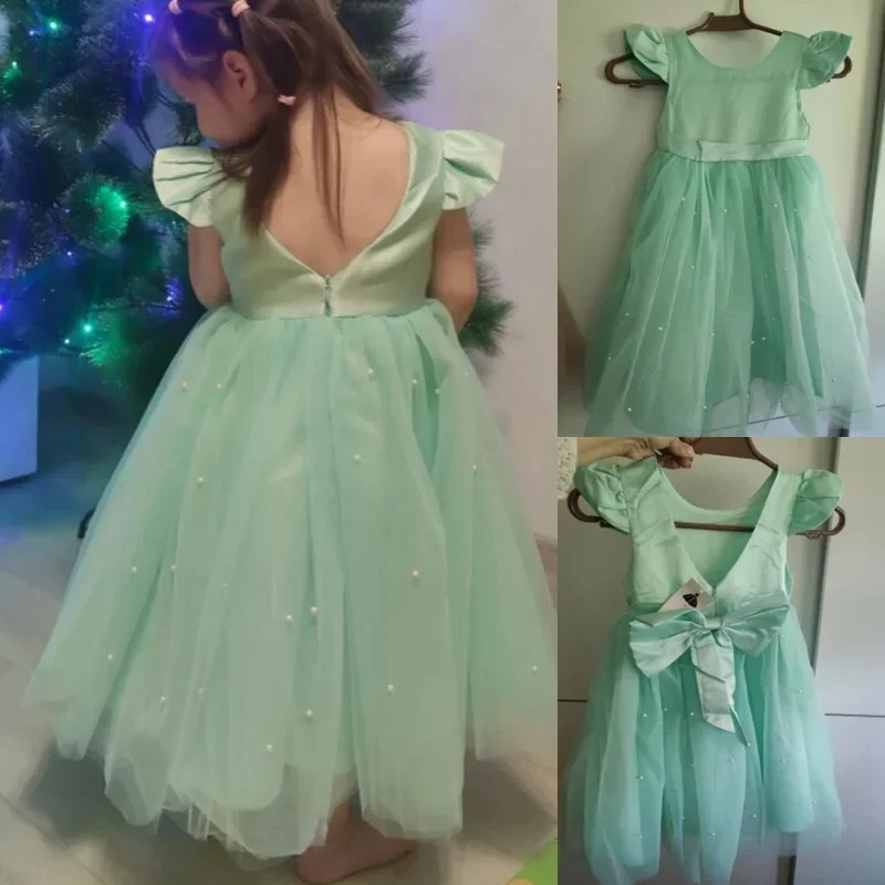 Toddler Girls Flower Birthday Tulle Dress Backless Bow Wedding Party Gala Gown Blue Princess Dress Baby Girls Bowknot Dress 1-5Y