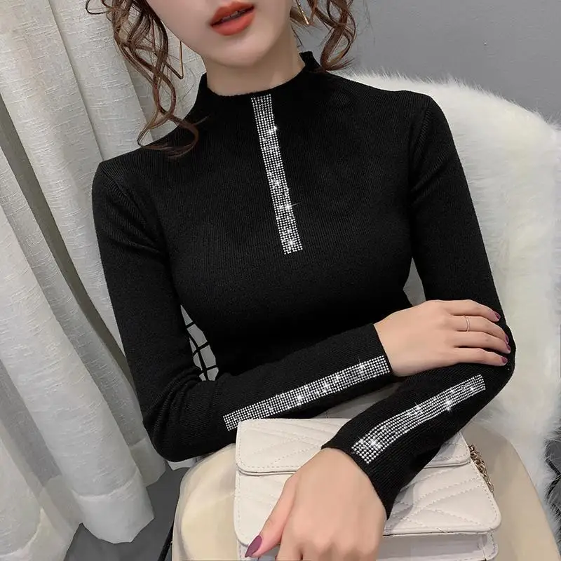 Autumn and Winter Women\'s Pullover Half High Neck Long Sleeve Solid Diamonds Skinny Slim Sexy Fashion Casual Knitted Bottom Tops