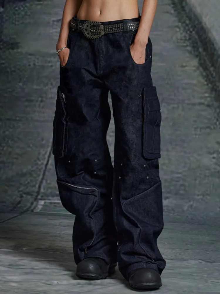 

Dark Avant-Garde Style Techwear Deconstructed Design Pocket wide-leg Overalls Washed Jeans For Men And Women