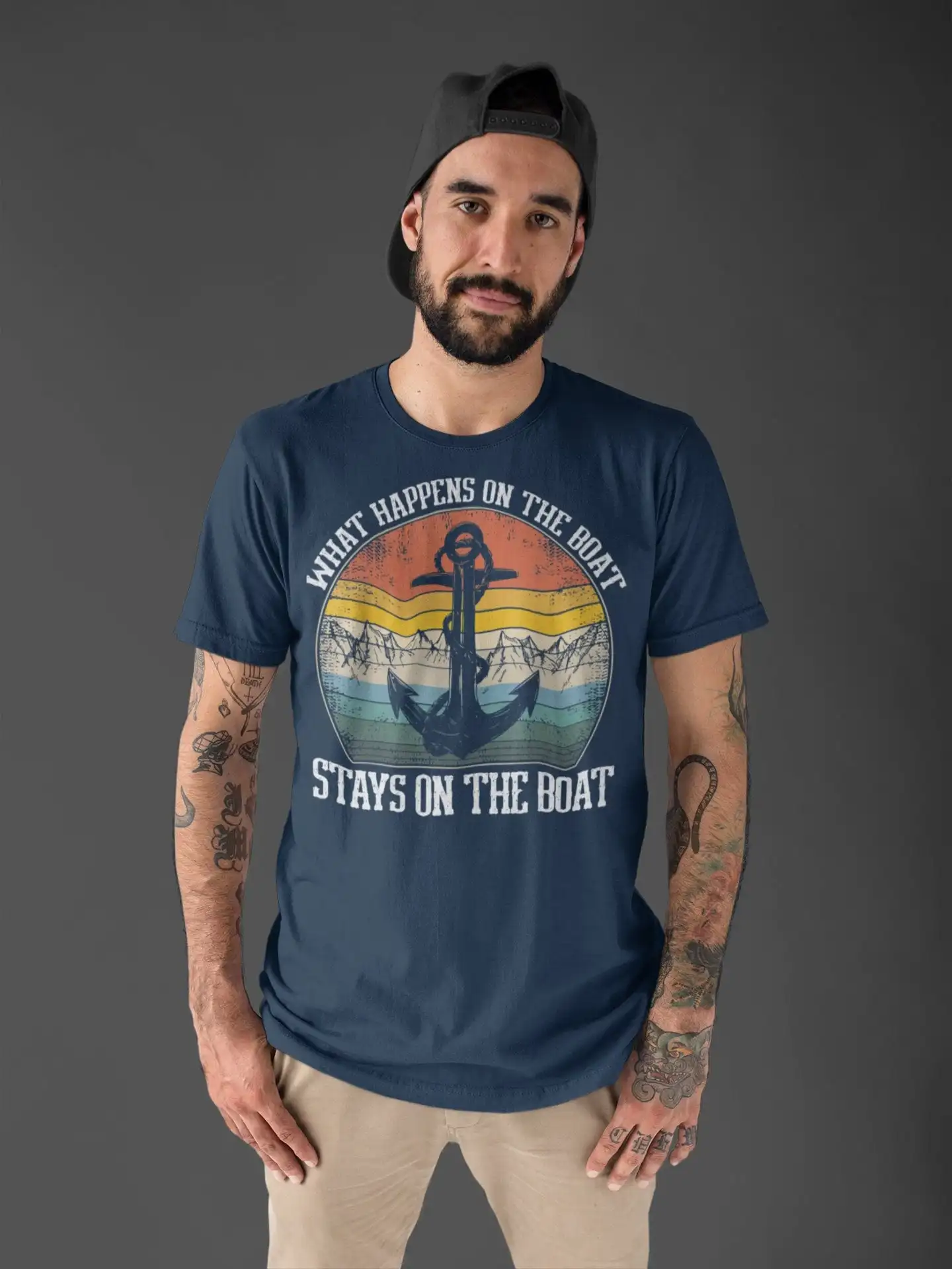 Men's Funny Boating T Shirt What Happens On Boat Stays Boater Captain Pontoon Nautical Anchor Man