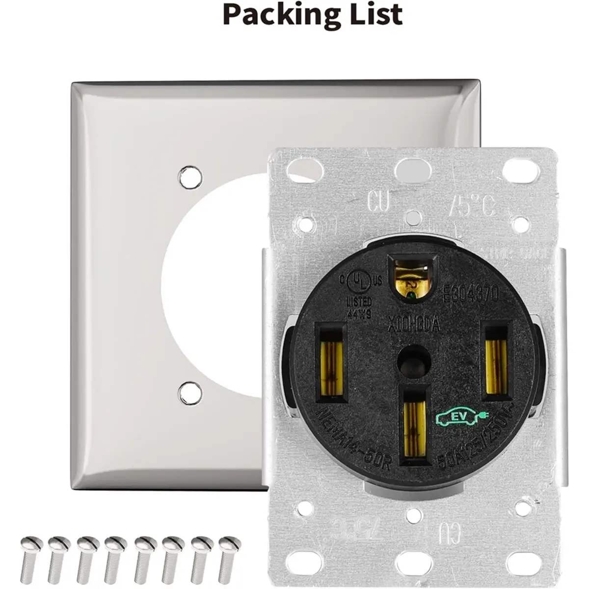 【AT48】 NEW 50Amp NEMA 14-50R EV Charging Receptacle with Stainless Steel Wall Plate,125/250V 3-Pole 4-Wire Grounding for EV,RVS