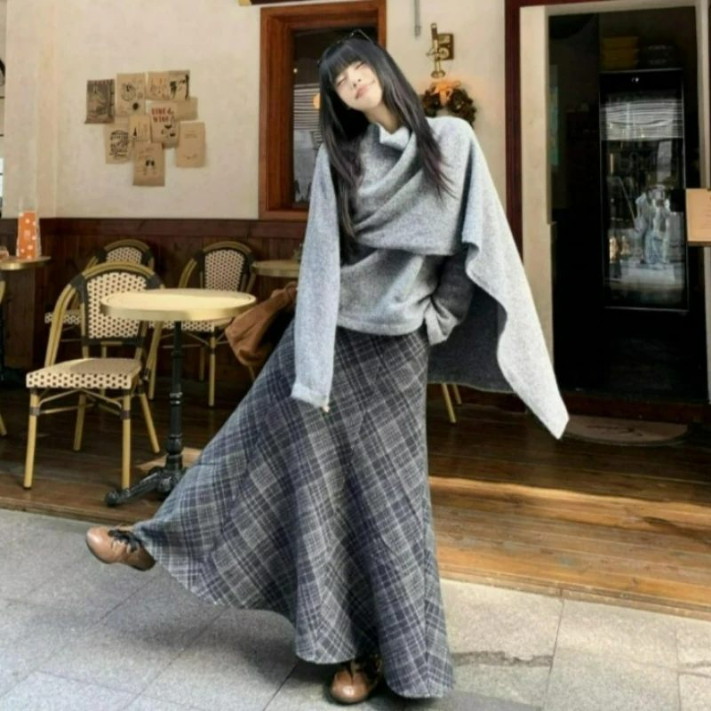 

Осень-зима 2026, свободный серый повседневный искусственный шаль из двух частей, вязаный свитер с длинными рукавами, комплект из двух предметов клетчатой юбки для женщин