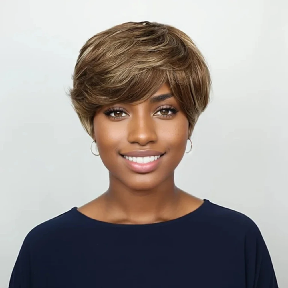 Wig Rambut Manusia Potongan Pixie Pendek Rambut Manusia Lurus Wig Rambut Manusia untuk Wanita Wig Buatan Mesin Penuh