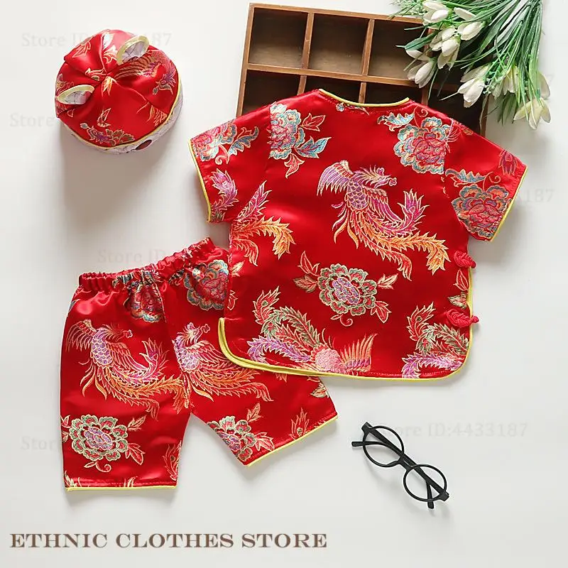 Baby Tang Suit Chinese Traditional Costume Brocade Hanfu Oriental Top Pants Set Spring Festival Hundred Days One Year Outfit