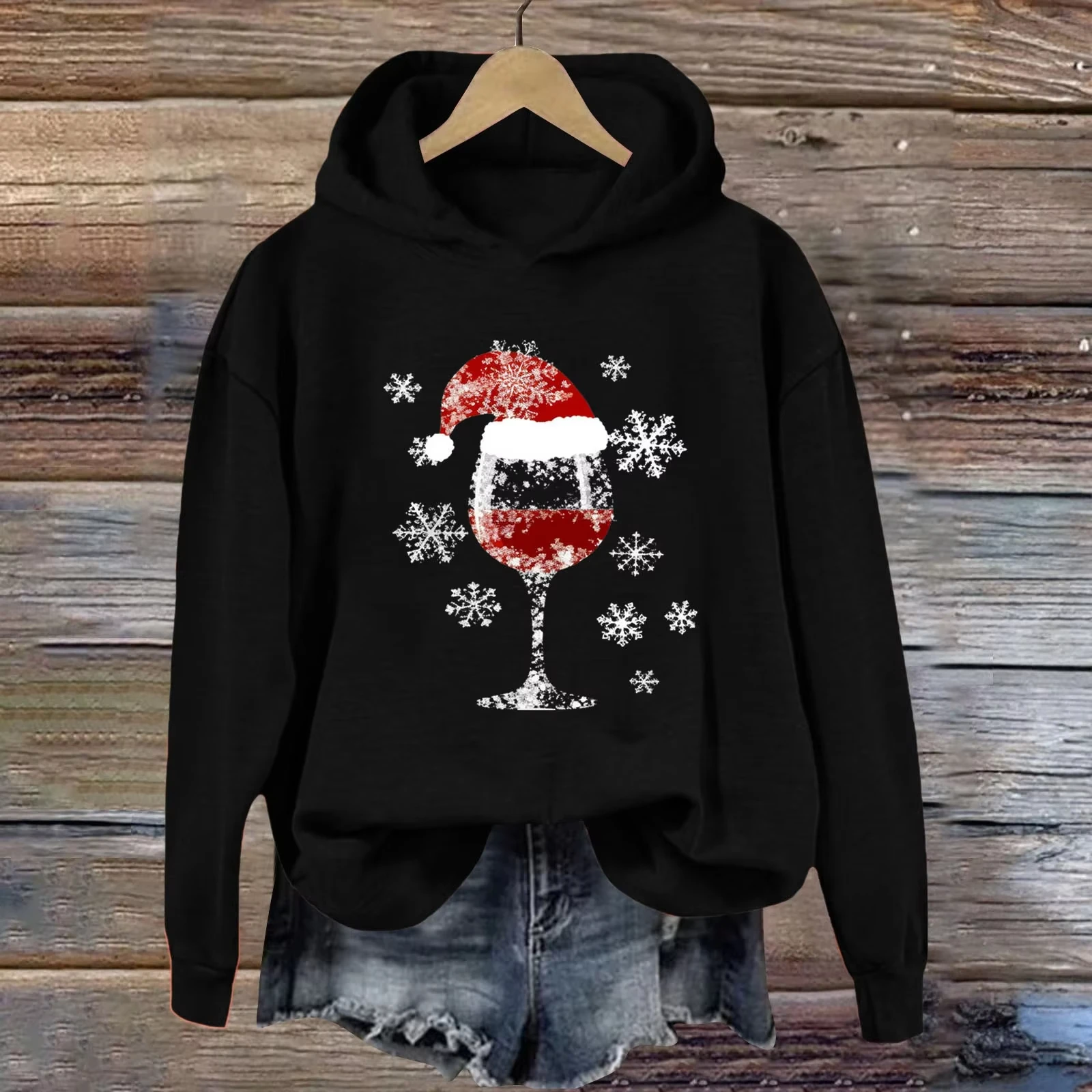 

Womens Christmas Hoodie Sweatshirt Casual Fashion Red Wine Glass Printed Long Sleeve Hooded Sweatshirts Xmas Look New Year Gifts