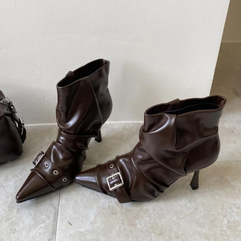 

Fall Winter Leather Pleated High-heeled Ankle Boots Women Fashion Belt Buckle Short Boots Elegant Pointed Toe Party High Heels