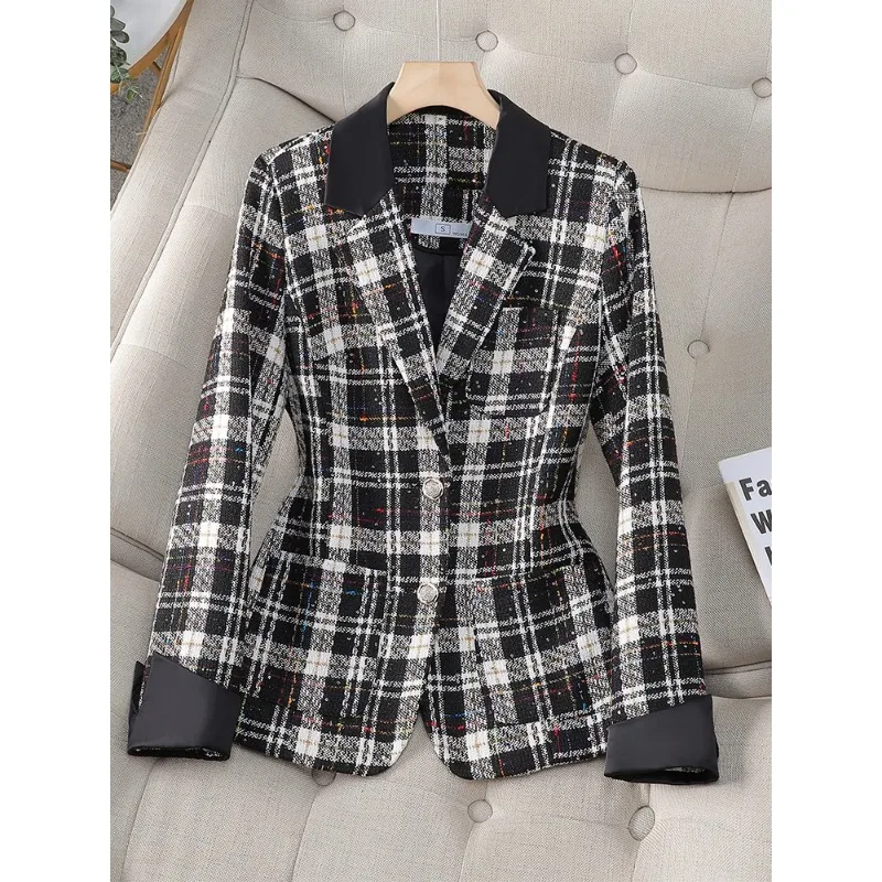 Blazer imbibé à carreaux pour femmes, veste noire, manteau à manches longues, tenue féminine à simple boutonnage, style britannique, automne, hiver