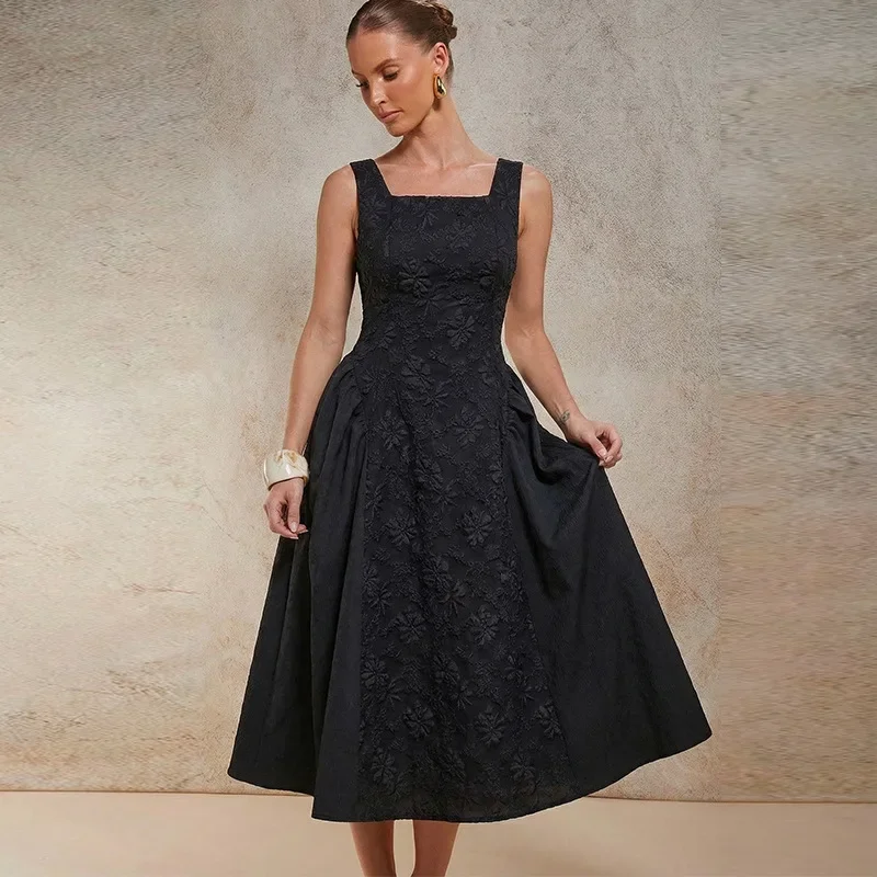 

2026 Square Neck Sleeveless Vest Solid Color Hem A-Line Dress Women's Spring and Summer Versatile Beach Resort Style Long Skirt