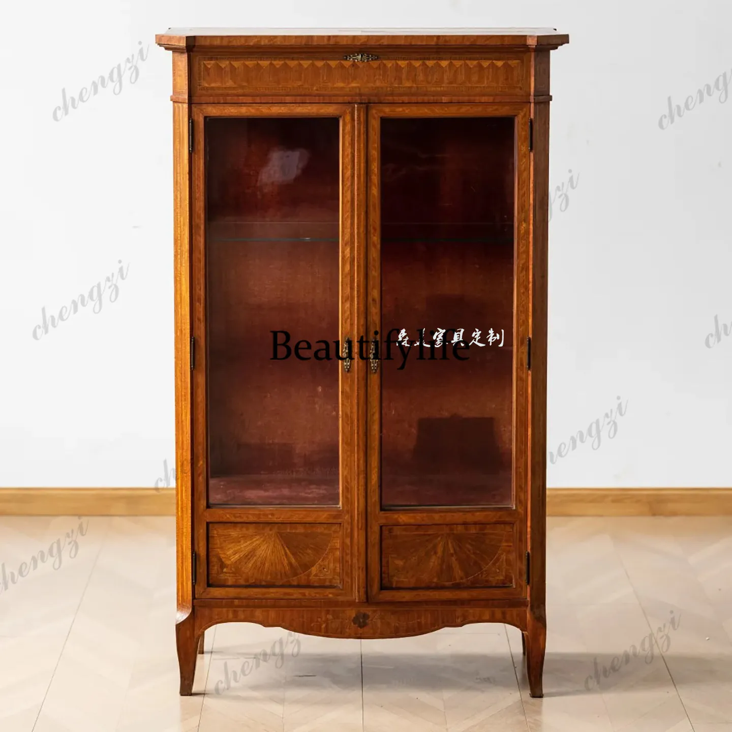 

Medieval solid wood glass door dining side cabinet wine cabinet American living room decoration light luxury locker