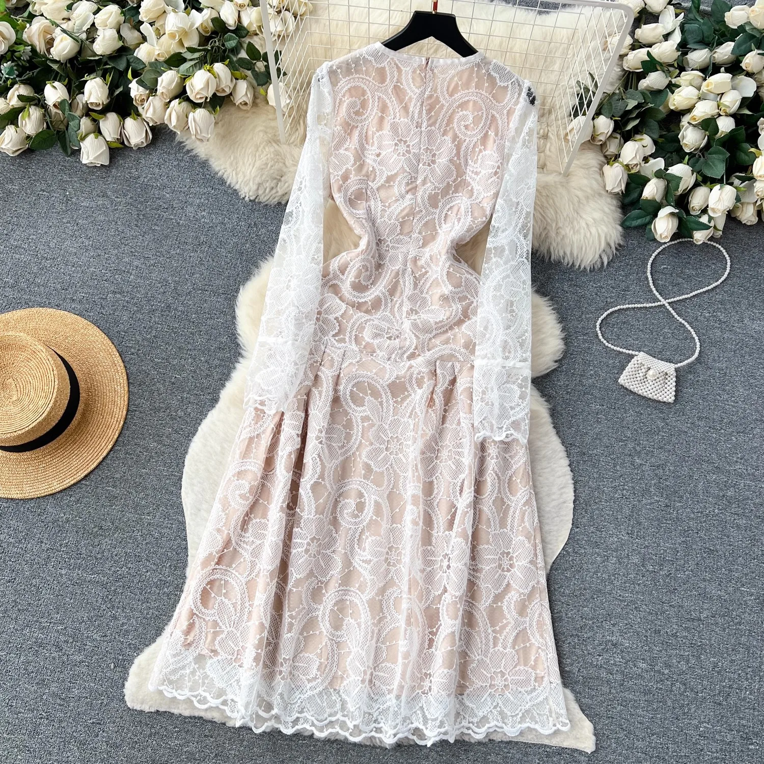 Vintage Black Lace Dress Women Embroidery Floral Long Sleeve Elegant Evening Dresses Female O-neck Single-breasted Clothing