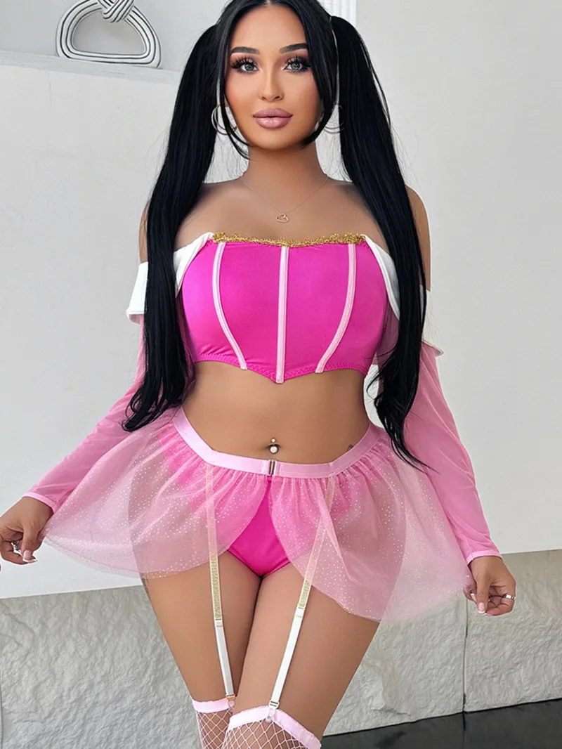 

Plus Size Princess Style Heart Gold Off-Shoulder New Women's Light Luxury Fishnet Stockings Shiny Tulle Sexy Sets Charming WU43