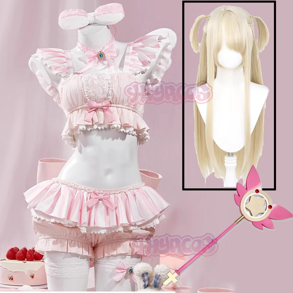 Kawaii Ruffles Short Top And Skort Set with Headband And Socks Prisma Illya Cosplay Costume Halloween Accessories Wig Props - view 4