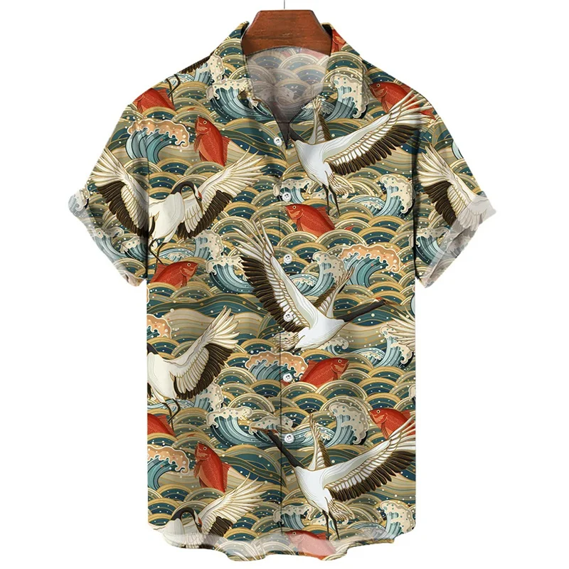 Retro Animal Hawaiian Shirt Men 3d Crane Print Short Sleeved Loose Casual Oversized Shirts Street Harajuku Tops Button Blouse