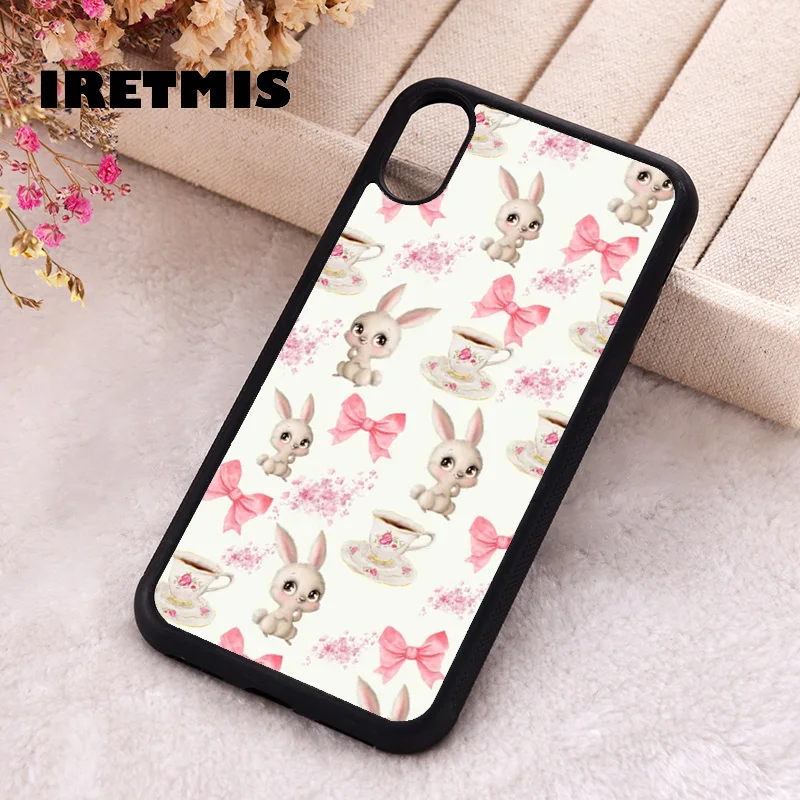 Iretmis Phone Cover Case For iPhone X XS Max XR 11 12 13 PRO MINI 14 15 16 Plus Rubber Silicone Bunnies Pink Bows